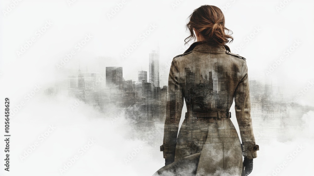 A fashionforward woman in a wool trench coat and kneehigh boots focus on, sophisticated winter look, ethereal, double exposure, cityscape backdrop A fashionforward woman in a wool trench coat and kneehigh boots focus on, sophisticated winter look, ethereal, double exposure, cityscape backdrop