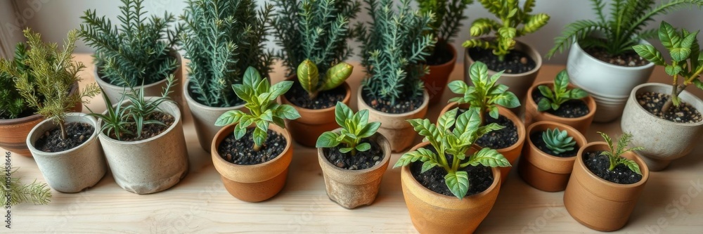 Assortment of young green conifer plants in handmade pots with copy space on beige wood table, botany, copy space Assortment of young green conifer plants in handmade pots with copy space on beige wood table, botany, copy space