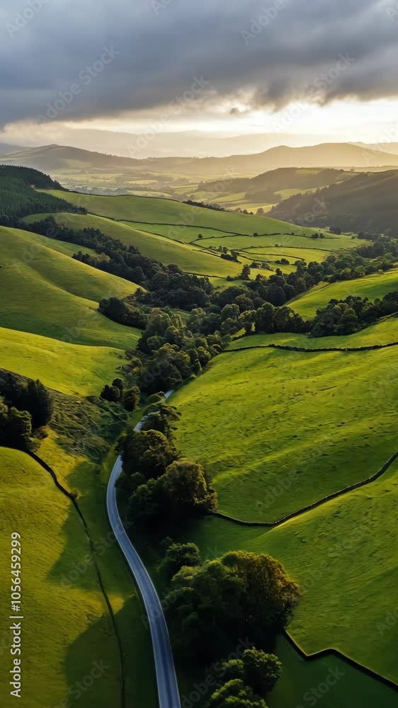 Winding road through green rolling hills in a valley with a cloudy sky above.