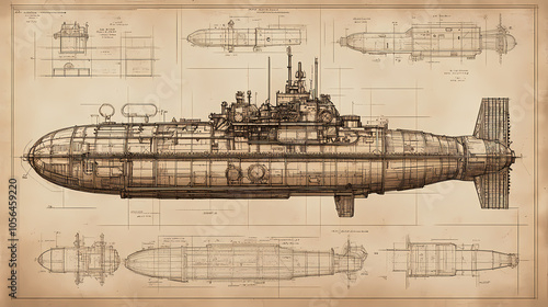 An antique blueprint style illustration of a steampunk submarine, featuring intricate detailing and hatching techniques. Steampunk Submarine. Illustration photo