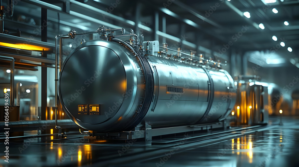 Fototapeta premium Futuristic Industrial Facility with Large Metallic Tank - 3D Illustration