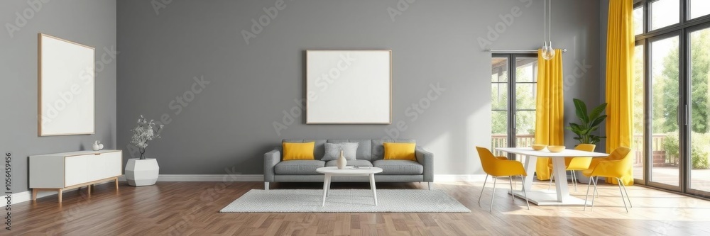 Canvas frame mockup in modern living room with yellow chairs, white table, grey sofa, large windows, yellow curtains, and parquet floor, canvas frame, mockup Canvas frame mockup in modern living room with yellow chairs, white table, grey sofa, large windows, yellow curtains, and parquet floor, canvas frame, mockup