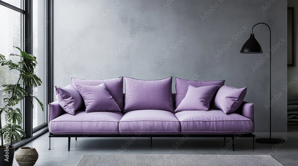 A blend of soft gray walls, smooth concrete floors, pale purple sofa, and matte black floor lamps, offering a sleek, modern look A blend of soft gray walls, smooth concrete floors, pale purple sofa, and matte black floor lamps, offering a sleek, modern look