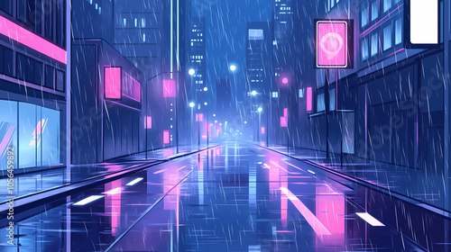 An elegant, futuristic cityscape at dusk, with sleek skyscrapers illuminated by neon lights reflecting off of glistening rain-soaked streets below.