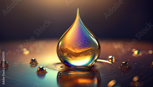 A radiant, iridescent droplet with swirling patterns and embedded bubbles, reflecting a spectrum of vibrant colors, set against a dark gradient background for a mesmerizing effect