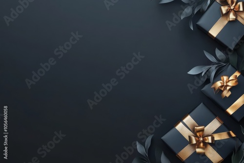 A black box with gold ribbon sits on a black background. Concept of luxury and elegance, as the gold ribbons