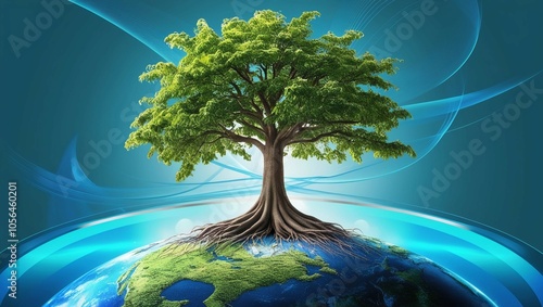 Tree Growing on Earth with Abstract Blue Background – Symbolizing Environmental Technology, Earth Day, Energy Saving, Eco-Friendly Practices, CSR, and IT Ethics photo