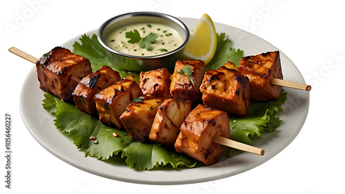 Grilled skewers of meat, likely beef, served on a bed of rice and garnished with lemon slices and spices. photo