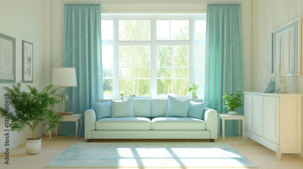 A bright living room with cream walls, a sky blue sofa, and mint green throw pillows A bright living room with cream walls, a sky blue sofa, and mint green throw pillows