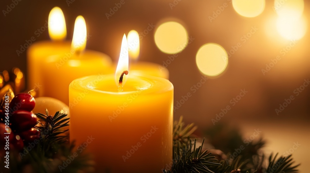 A lit candle sits on a wreath of greenery. The candle is surrounded by other candles, creating a warm and cozy atmosphere A lit candle sits on a wreath of greenery. The candle is surrounded by other candles, creating a warm and cozy atmosphere