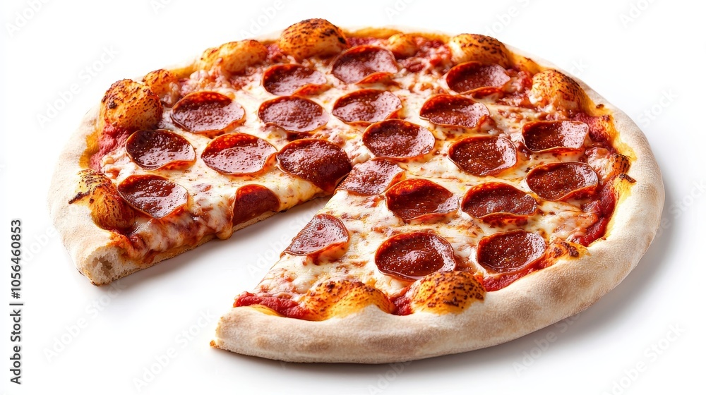 A perfectly baked pepperoni pizza with golden crust, topped with crispy pepperoni slices and melted cheese, isolated on a white background A perfectly baked pepperoni pizza with golden crust, topped with crispy pepperoni slices and melted cheese, isolated on a white background
