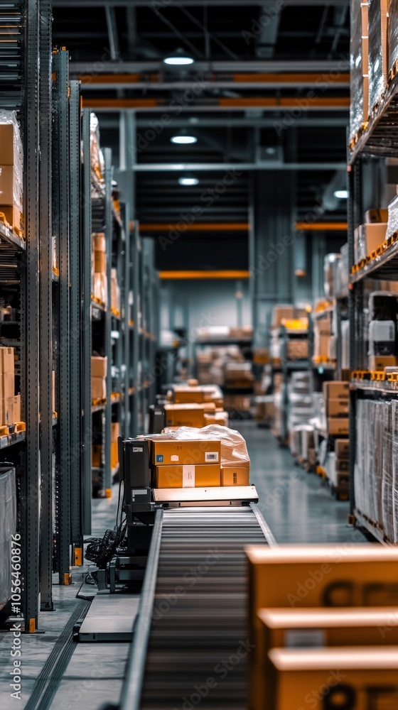 Organized warehouse with stacked boxes and conveyor system for efficient handling Organized warehouse with stacked boxes and conveyor system for efficient handling
