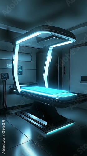 Futuristic medical examination room with high-tech equipment and ambient lighting