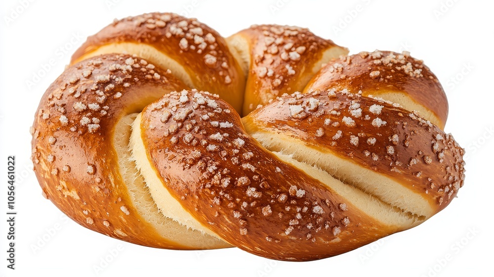 Freshly baked pretzel with a warm brown sheen and chunky salt, perfectly centered on a clean white background, subtle shadows for depth Freshly baked pretzel with a warm brown sheen and chunky salt, perfectly centered on a clean white background, subtle shadows for depth