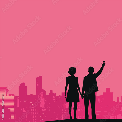 Silhouetted Couple Pointing Out City View at Sunset