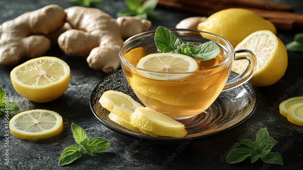 A refreshing cup of lemon ginger tea with fresh ingredients. A refreshing cup of lemon ginger tea with fresh ingredients.