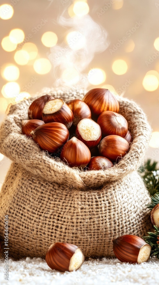 Warm roasted chestnuts in a cozy burlap sack with festive background Warm roasted chestnuts in a cozy burlap sack with festive background