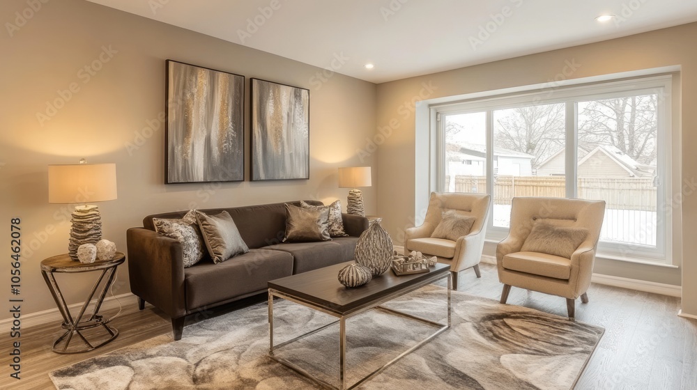 Fototapeta premium A chic living room featuring soft beige walls, a dark brown sofa, and beige accent chairs