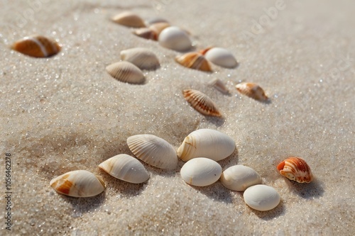 a close up of a bunch of shells are laying in the white sand