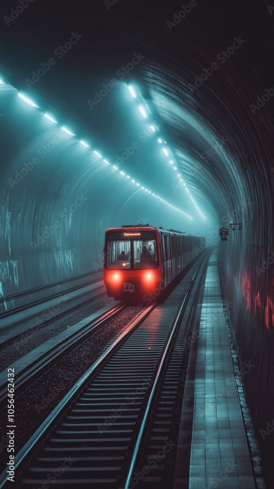 Naklejka premium Illuminated train traveling through a foggy underground tunnel at night