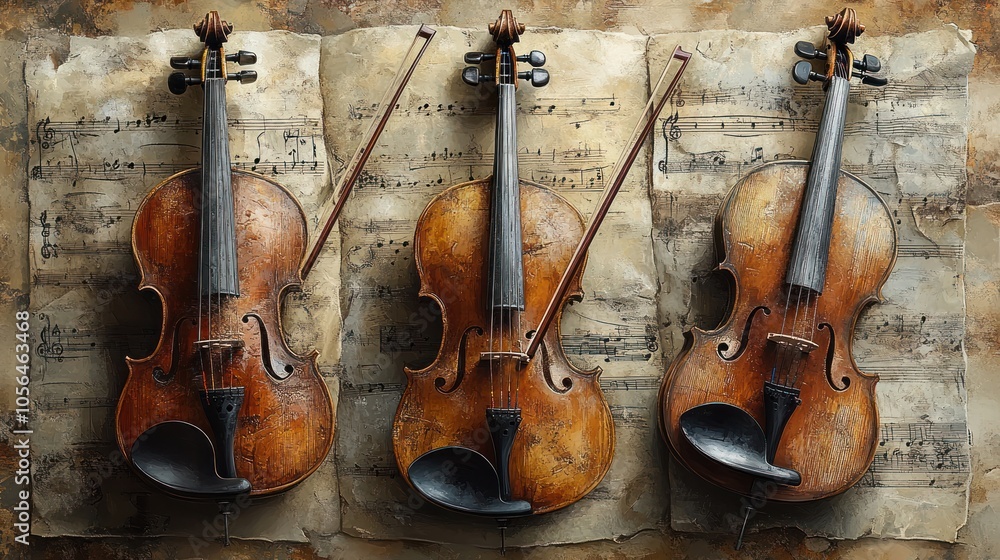 Naklejka premium Three vintage violins on aged sheet music.