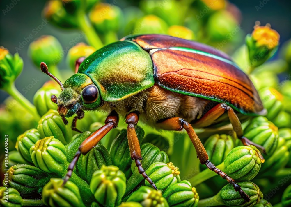 Portrait of a Chafer Beetle on Green Plant: Pest Control in Gardening and Agriculture Portrait of a Chafer Beetle on Green Plant: Pest Control in Gardening and Agriculture