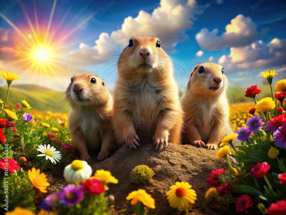 Prairie Dogs in Colorful Meadow: Lively 3D Render of Nature's Beauty Prairie Dogs in Colorful Meadow: Lively 3D Render of Nature's Beauty