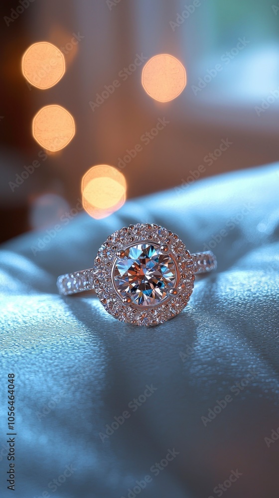 Stunning engagement ring with sparkling diamond on soft surface Stunning engagement ring with sparkling diamond on soft surface
