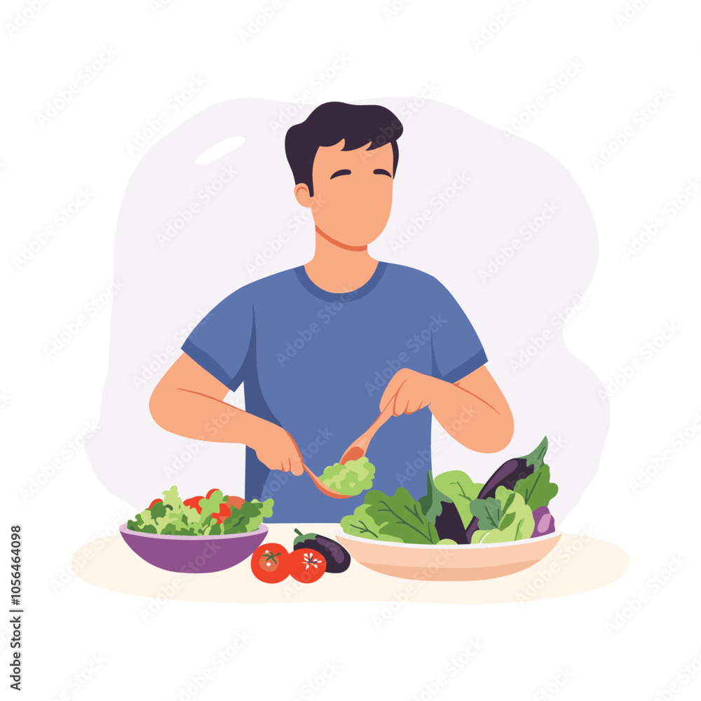 Man Preparing Fresh Salad with Various Vegetables Man Preparing Fresh Salad with Various Vegetables