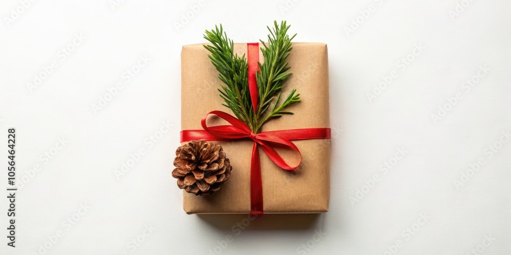 Present a holiday gift wrapped in craft paper, tied with a vibrant red ribbon and decorated with natural elements, ideal for festive minimalistic decor. Present a holiday gift wrapped in craft paper, tied with a vibrant red ribbon and decorated with natural elements, ideal for festive minimalistic decor.