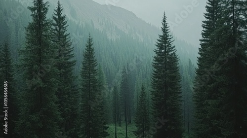 A misty forest landscape with tall evergreen trees creating a serene and tranquil atmosphere.