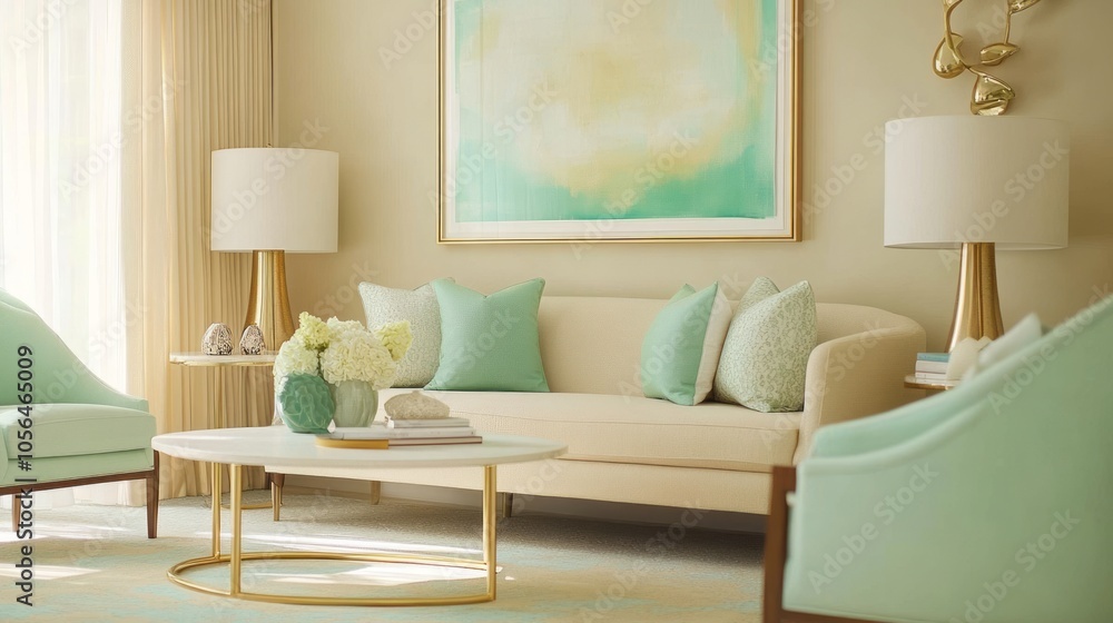 Fototapeta premium A contemporary living room featuring beige walls and mint green accents, with gold-framed artwork and a white coffee table
