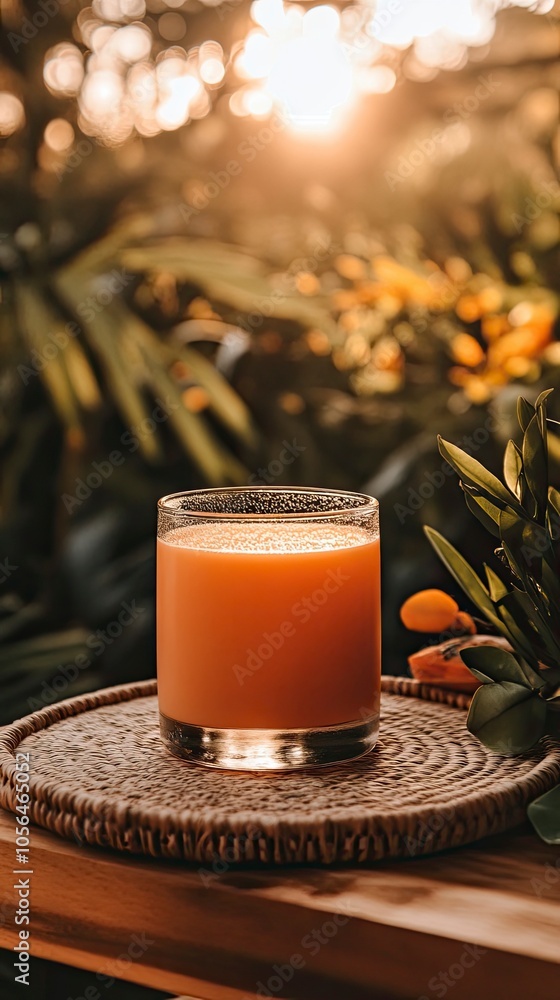 Refreshing drink in a glass surrounded by greenery and natural light Refreshing drink in a glass surrounded by greenery and natural light