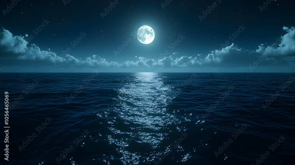 Nighttime Ocean with Full Moon and Stars Illustration Nighttime Ocean with Full Moon and Stars Illustration