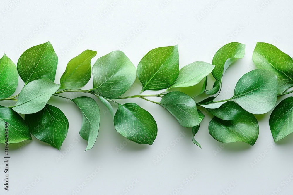 A Row of Vibrant Green Leaves on a White Background A Row of Vibrant Green Leaves on a White Background