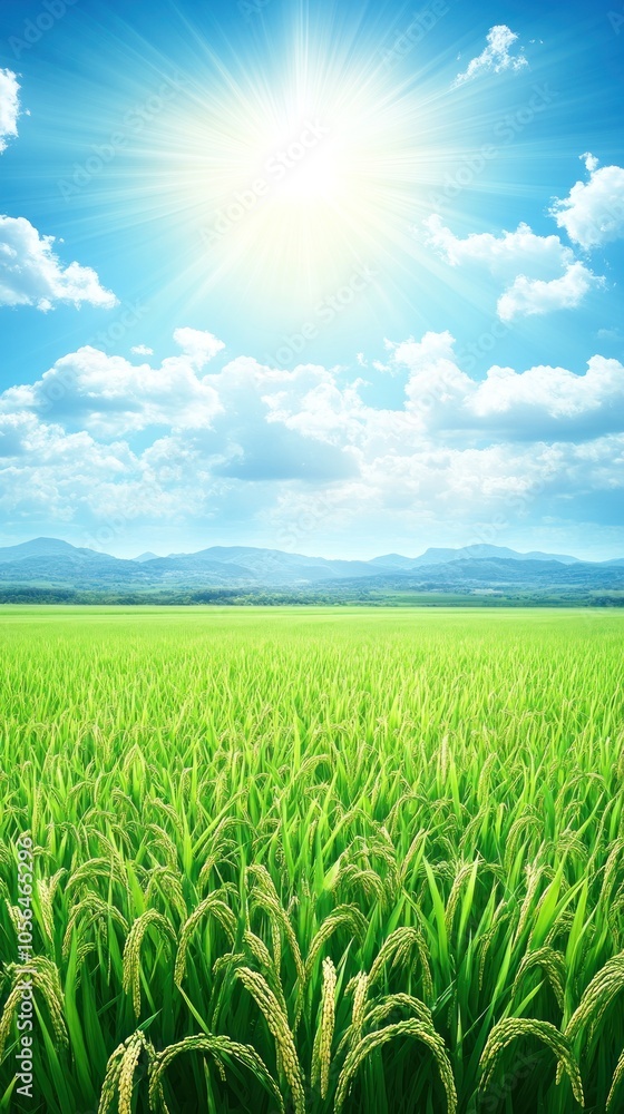 Obraz premium A vibrant landscape of green rice fields under a bright sun and blue sky.