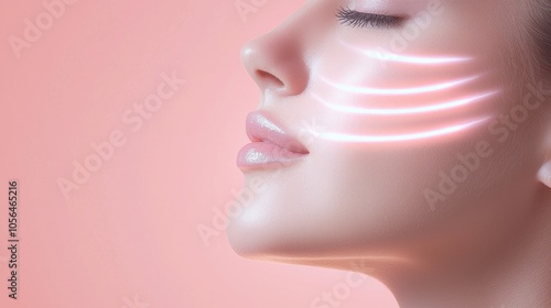 Wallpaper Mural Close-up of a sophisticated woman, facial contour lines enhancing her eyes and cheekbones, soft lighting with pastel hues, modern beauty treatment focus Torontodigital.ca