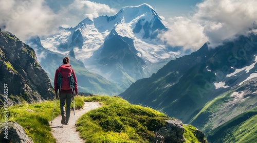 Hiker walking to mountains. 