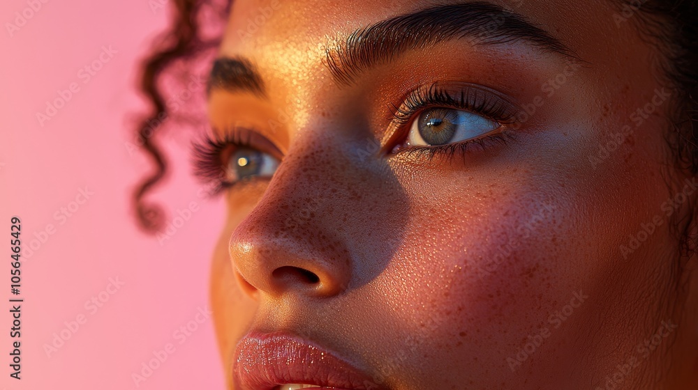 Close-up of a woman's face with soft skin-lifting lines glowing on her cheeks and jawline, illustrating a rejuvenating facial treatment, under natural daylight Close-up of a woman's face with soft skin-lifting lines glowing on her cheeks and jawline, illustrating a rejuvenating facial treatment, under natural daylight