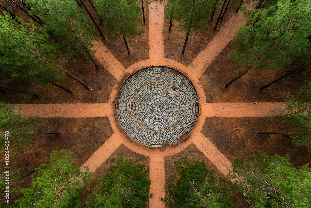 Fototapeta premium Aerial view of a circular stone path surrounded by pine trees.