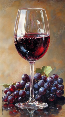 Elegant red wine glass with fresh grapes on a beautiful background