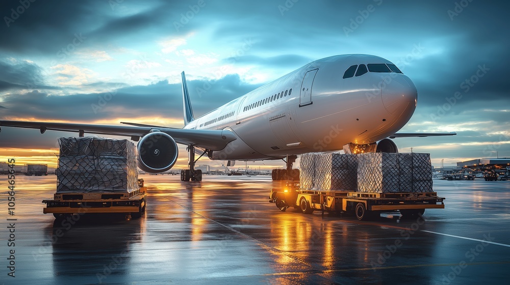 Cargo airplane is loaded with freight containers on the tarmac at sunrise, representing global air freight logistics and transportation efficiency. Cargo airplane is loaded with freight containers on the tarmac at sunrise, representing global air freight logistics and transportation efficiency.
