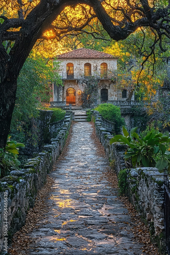Obraz premium Stone Path Leading to a Rustic Stone House Through a Canopy of Trees