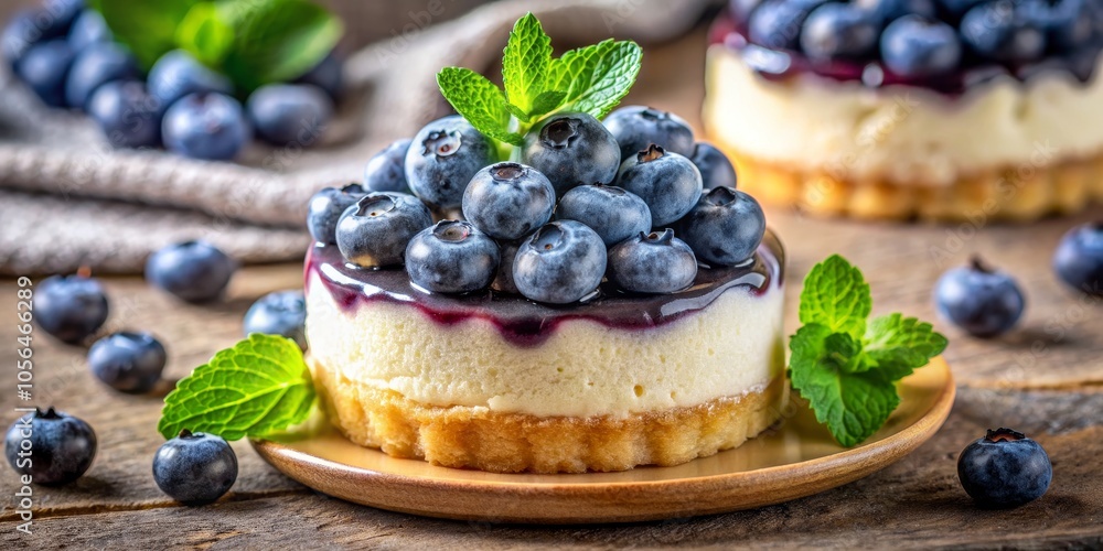 Blueberry Cheesecake Delight Close-Up of Creamy Dessert with Fresh Mint and Juicy Berries on Rustic Wooden Background Blueberry Cheesecake Delight Close-Up of Creamy Dessert with Fresh Mint and Juicy Berries on Rustic Wooden Background
