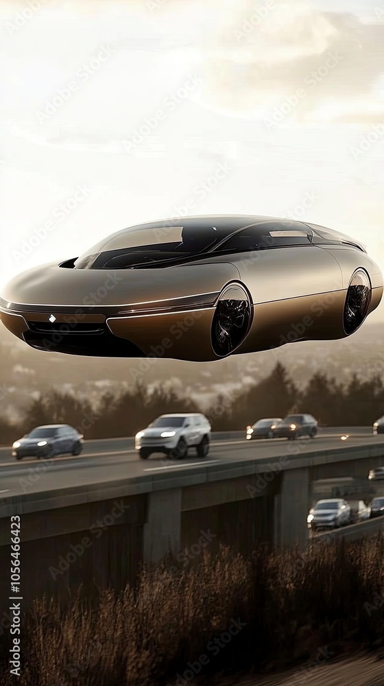 Fototapeta premium Futuristic flying car soaring above a busy highway at sunset