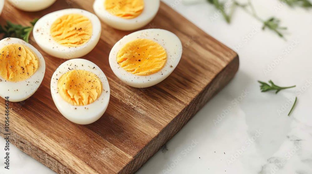 A wooden board with halved boiled eggs, seasoned and ready for serving. A wooden board with halved boiled eggs, seasoned and ready for serving.