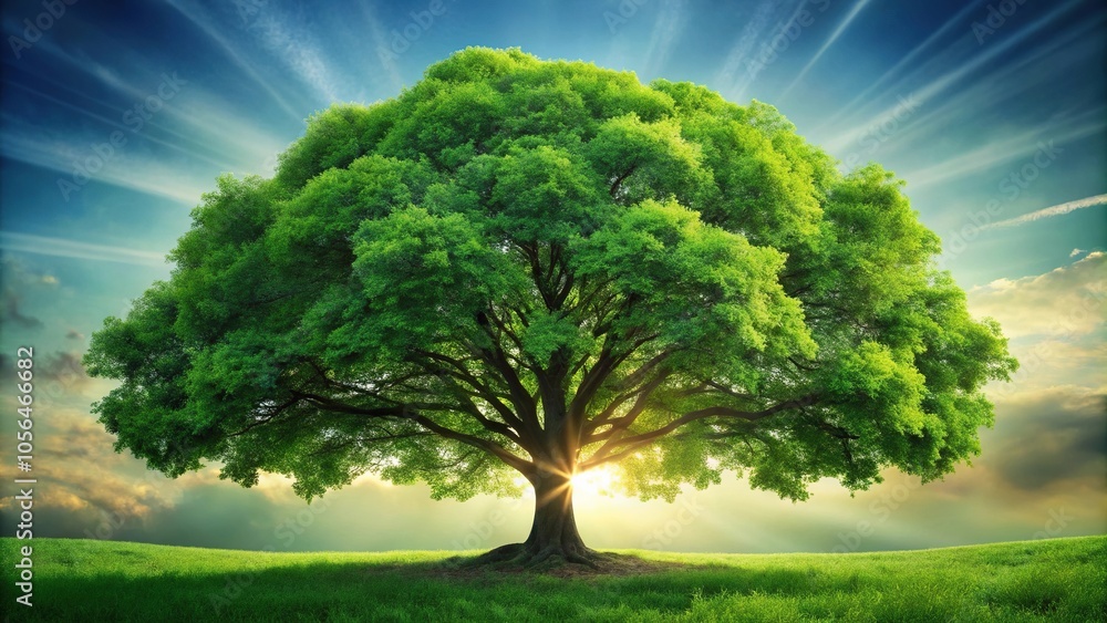 A lush tree with vibrant green leaves and a sturdy trunk, surrounded by a halo of soft light, twiggy, foliage A lush tree with vibrant green leaves and a sturdy trunk, surrounded by a halo of soft light, twiggy, foliage