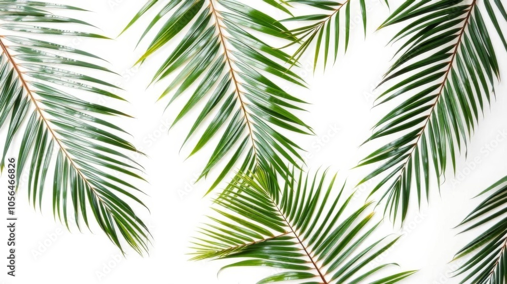 Green palm branches arranged in a flat lay style on a white background, creating a tropical and airy aesthetic, foliage, plant Green palm branches arranged in a flat lay style on a white background, creating a tropical and airy aesthetic, foliage, plant