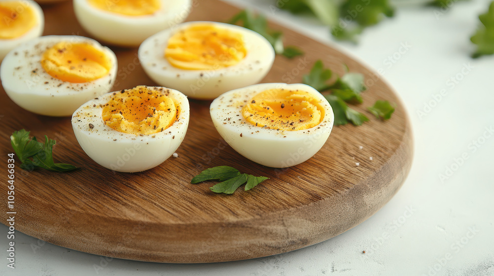 Halved boiled eggs garnished with pepper and parsley on a wooden board. Halved boiled eggs garnished with pepper and parsley on a wooden board.