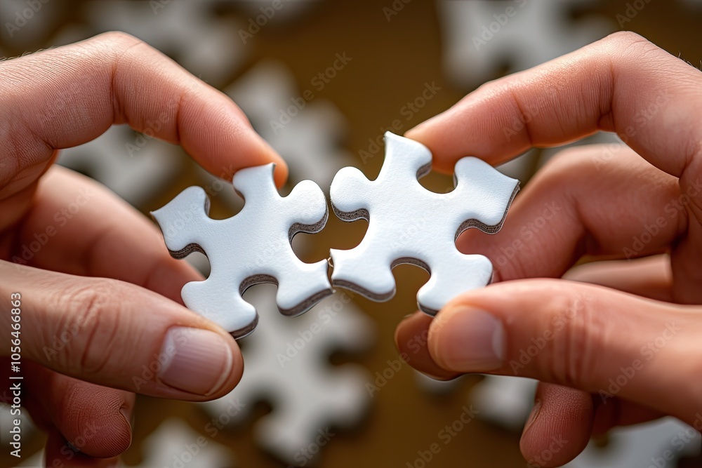 Two hands hold puzzle pieces, ready to connect. This image represents teamwork, collaboration, and the process of solving problems together. Two hands hold puzzle pieces, ready to connect. This image represents teamwork, collaboration, and the process of solving problems together.